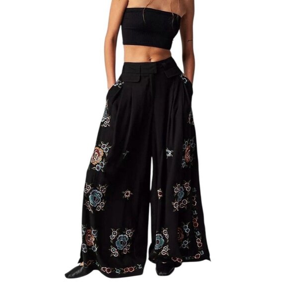 Free People Pants - Free People Pants Wide leg Florence Embroidered Striped Boho Floral Size 8